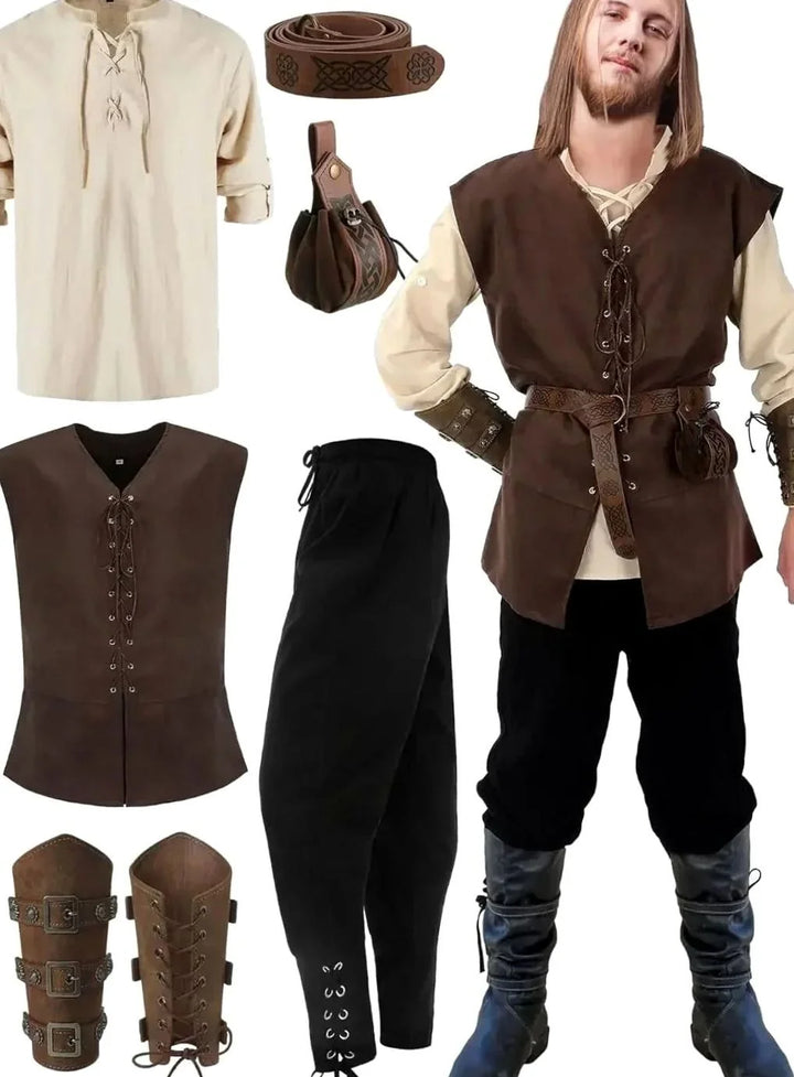 Simon | Men's Medieval Costume Set Lace-up Shirt Vest Trousers Belt Arm Warmers 7