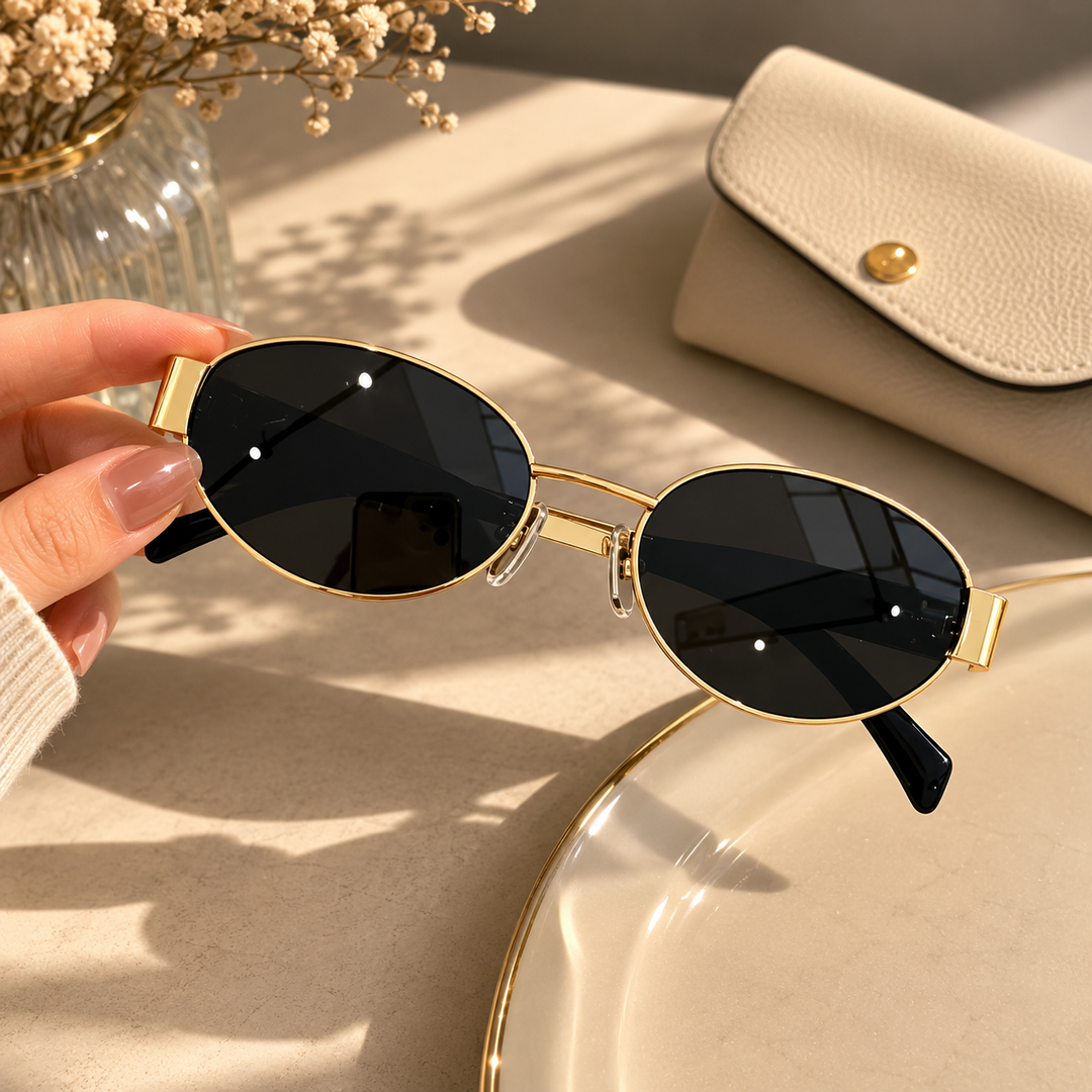 Stylish Women Oval Metal Frame Sunglasses with Dark Tinted Lenses