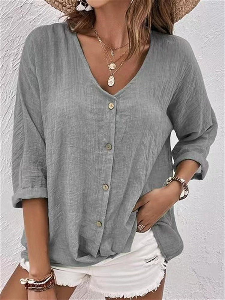 Women's Casual V-Neck Button-Front Top for Effortless Summer Style
