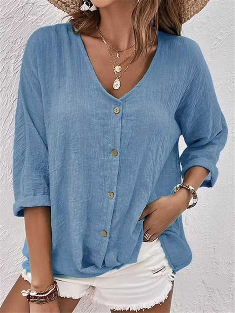 Women's Casual V-Neck Button-Front Top for Effortless Summer Style