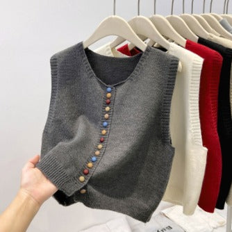 Women's Colorful Button Sleeveless Knit Sweater Vest for Layering