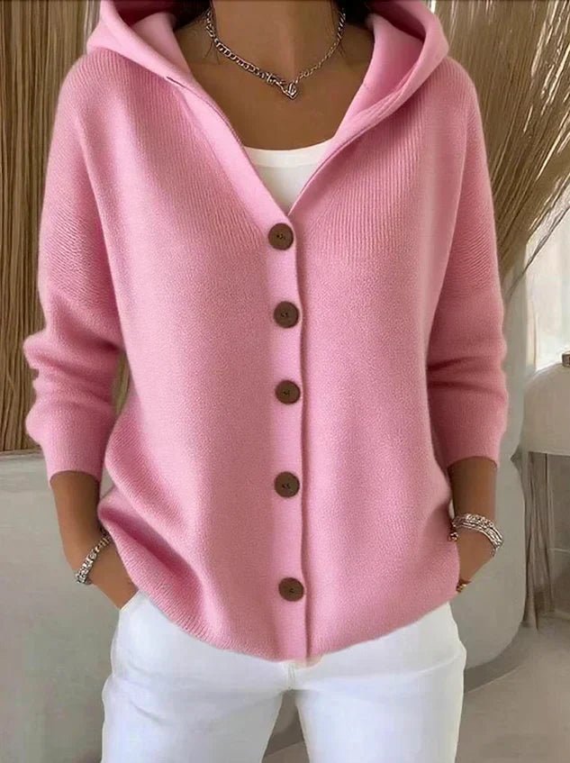 Women's Black Cardigan Sweater with Hood - Relaxed Fit Button-Front Knit Cardigan for Casual Layering 0