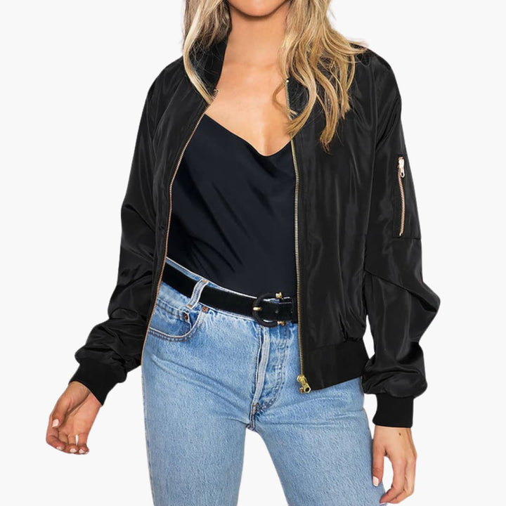 Women's Bomber Jacket with Zip Closure and Functional Pockets - Stylish Casual Outerwear 0