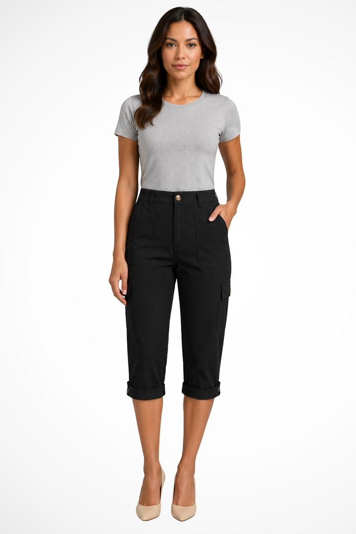 Women's Cargo Cropped Trousers with Roll Up Hem and Multiple Pockets for Effortless Style 0
