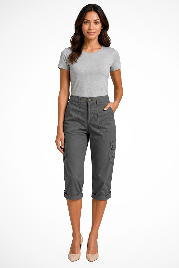 Women's Cargo Cropped Trousers with Roll Up Hem and Multiple Pockets for Effortless Style 2