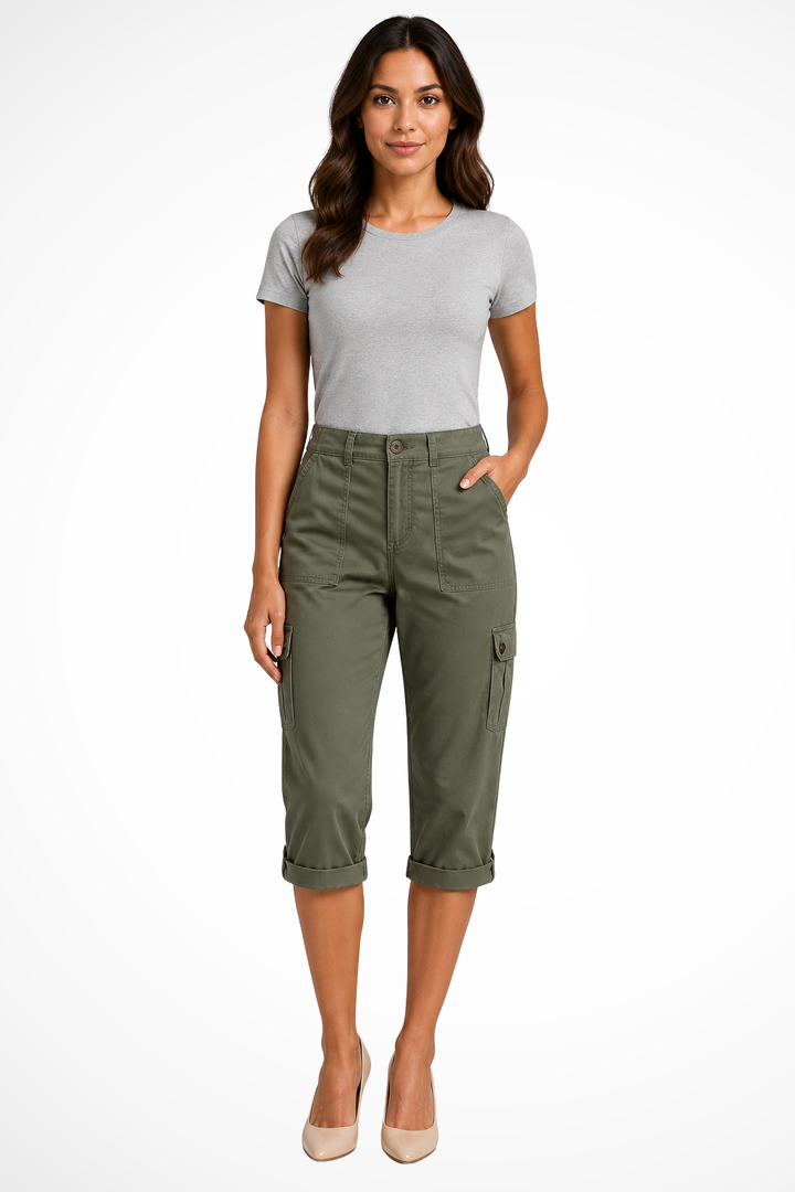 Women's Cargo Cropped Trousers with Roll Up Hem and Multiple Pockets for Effortless Style 3