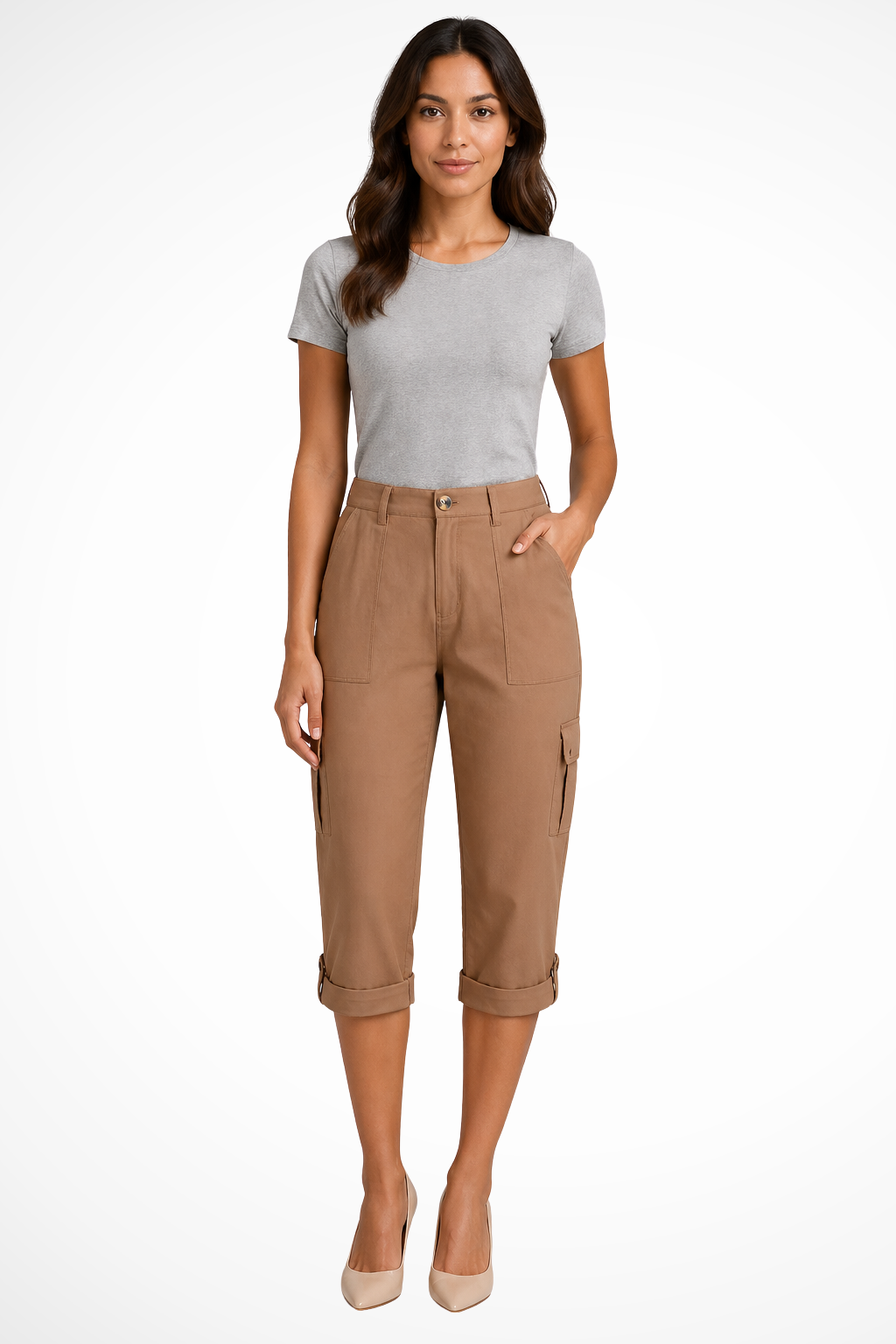 Women's Cargo Cropped Trousers with Roll Up Hem and Multiple Pockets for Effortless Style 5