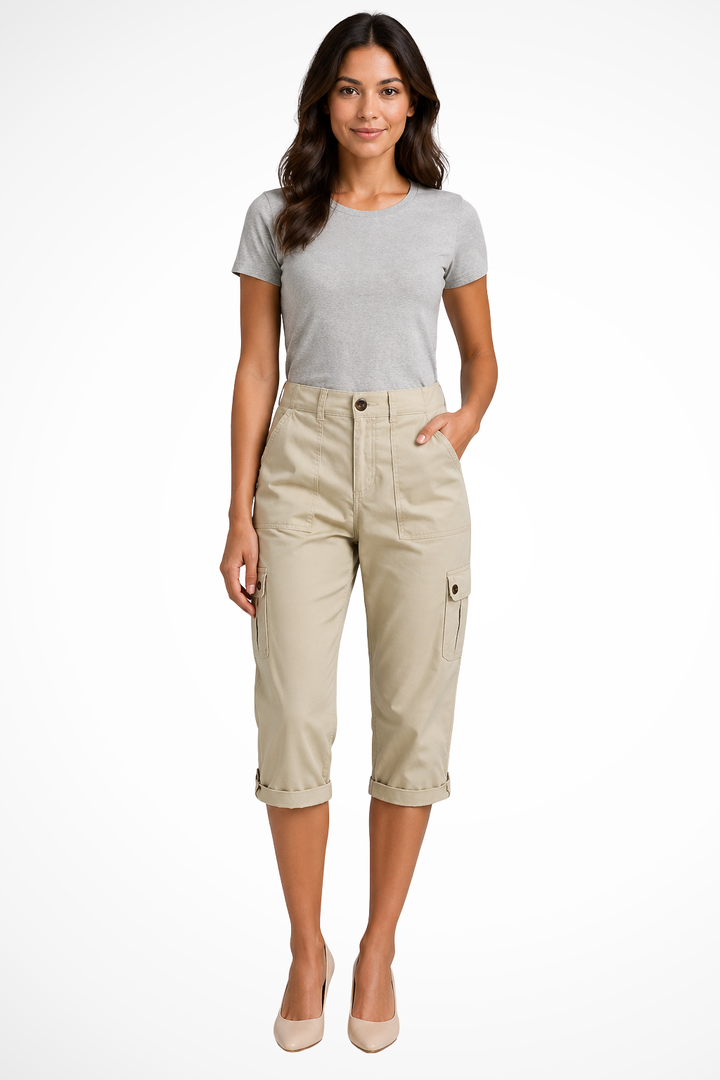 Women's Cargo Cropped Trousers with Roll Up Hem and Multiple Pockets for Effortless Style 7