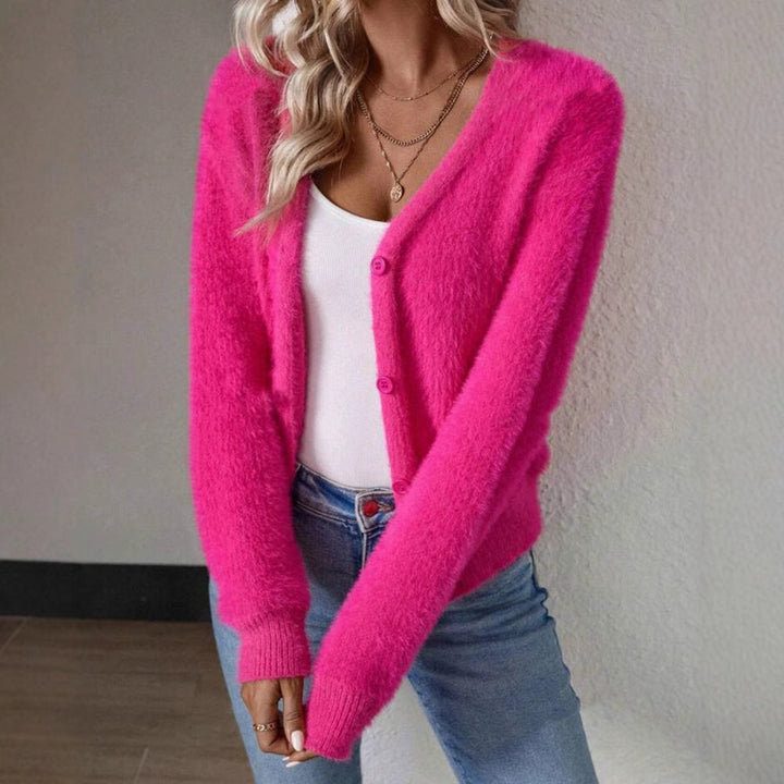 Women's Fluffy V-Neck Button-Front Knit Cardigan for Casual and Layered Looks 4