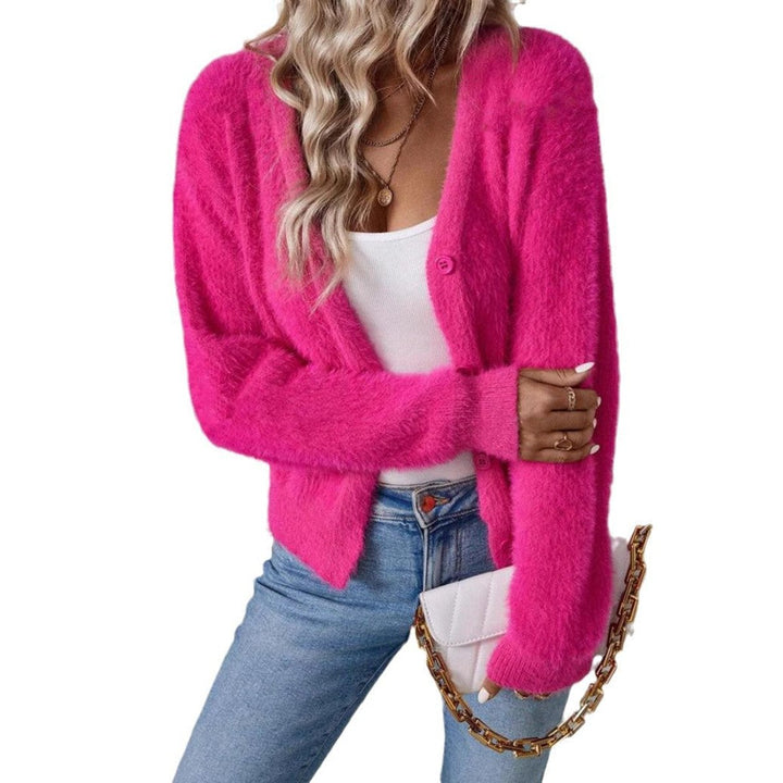Women's Fluffy V-Neck Button-Front Knit Cardigan for Casual and Layered Looks 6