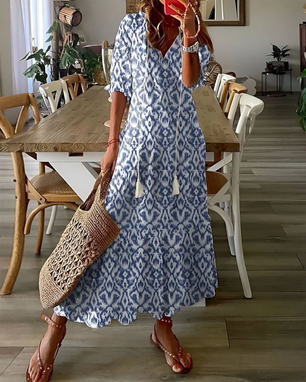 Women's Maxi Dress - Boho Summer Dress with Tassel Tie Front for Casual Style 0