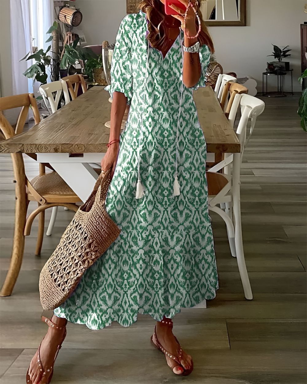 Women's Maxi Dress - Boho Summer Dress with Tassel Tie Front for Casual Style 1