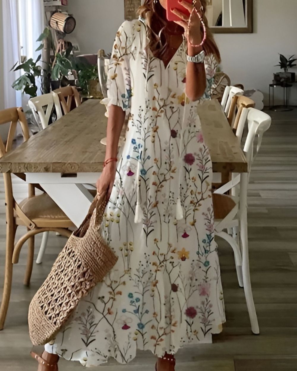Women's Maxi Dress - Boho Summer Dress with Tassel Tie Front for Casual Style 6