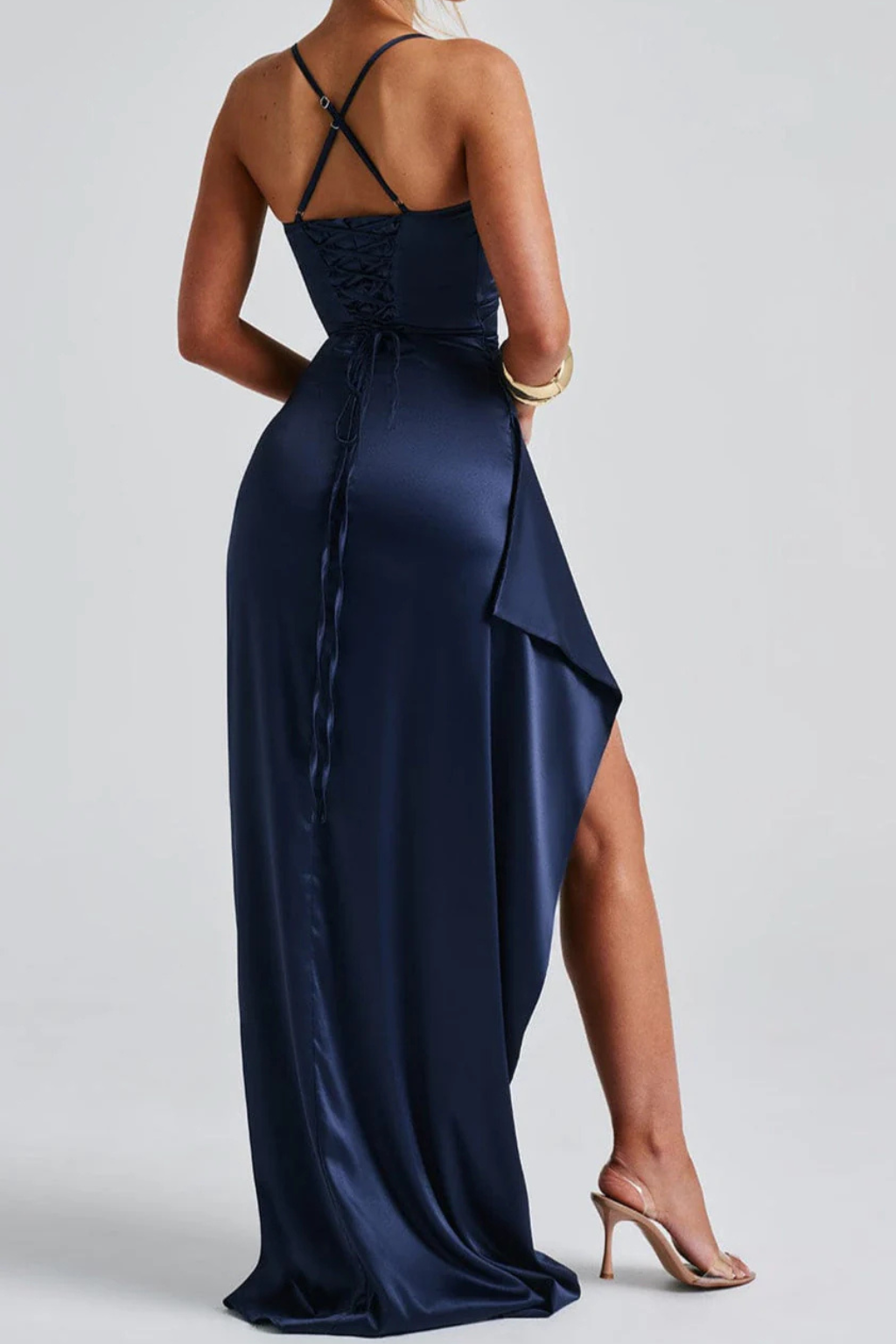 Women's Maxi Dress - Elegant Spaghetti Strap Ruched Formal Dress with High Slit for Summer Events and Cocktail Parties 2