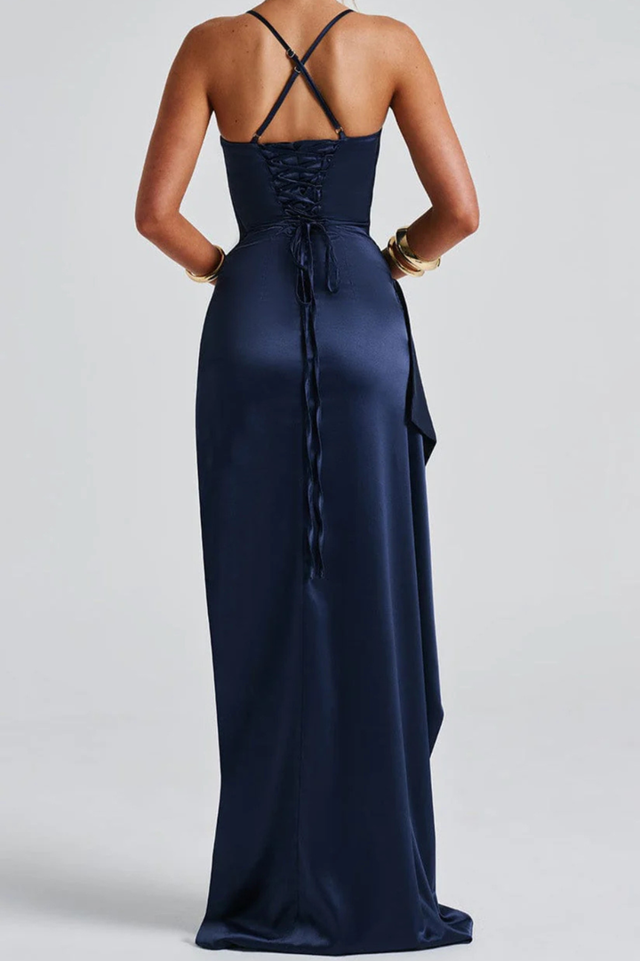 Women's Maxi Dress - Elegant Spaghetti Strap Ruched Formal Dress with High Slit for Summer Events and Cocktail Parties 4
