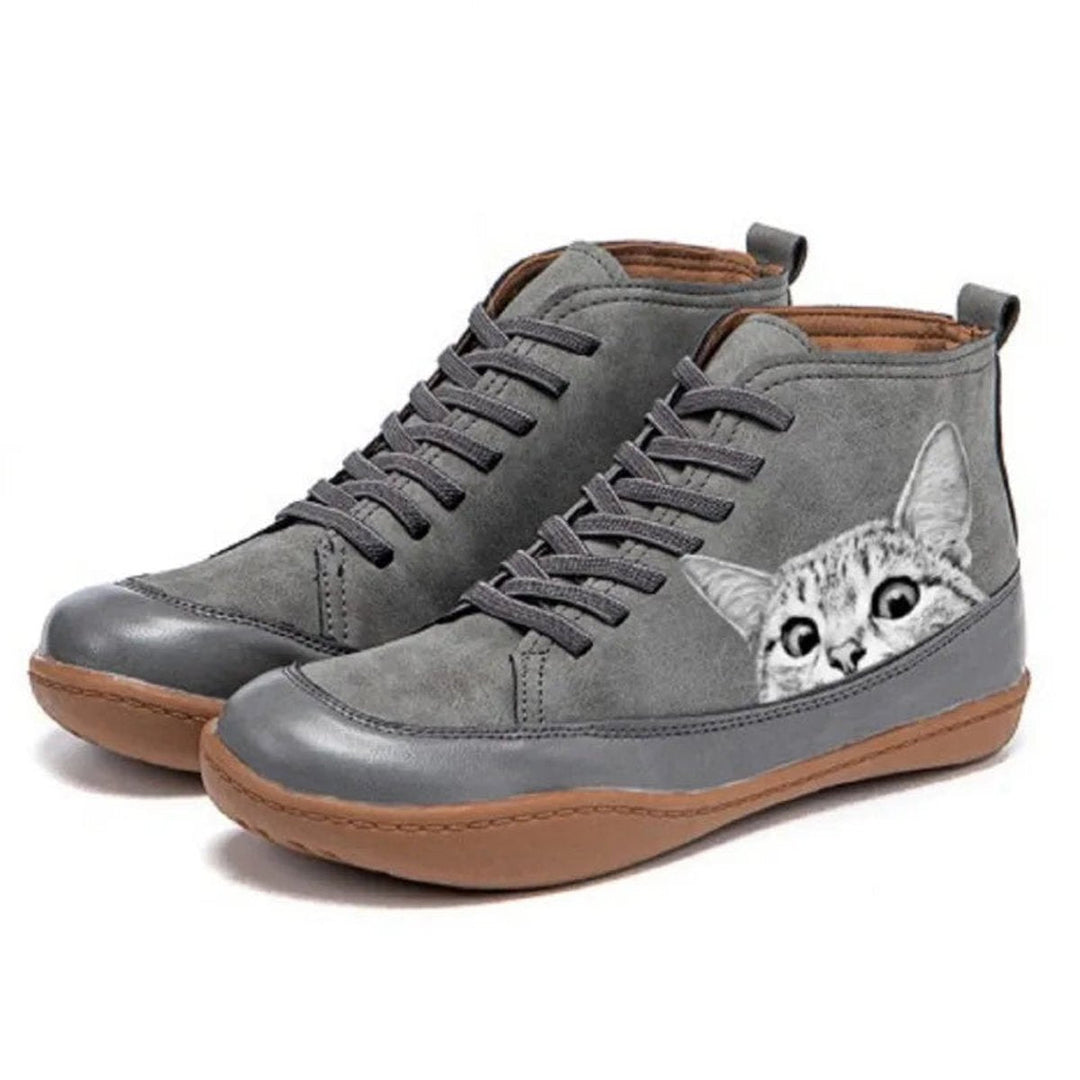 Women's Orthopedic High-Top Ankle Boots with Arch Support & Cat Print Design 2