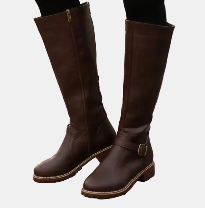 Women's Orthopedic Knee High Boots with Arch Support - Tall Black Riding Boots with Buckle Strap 3