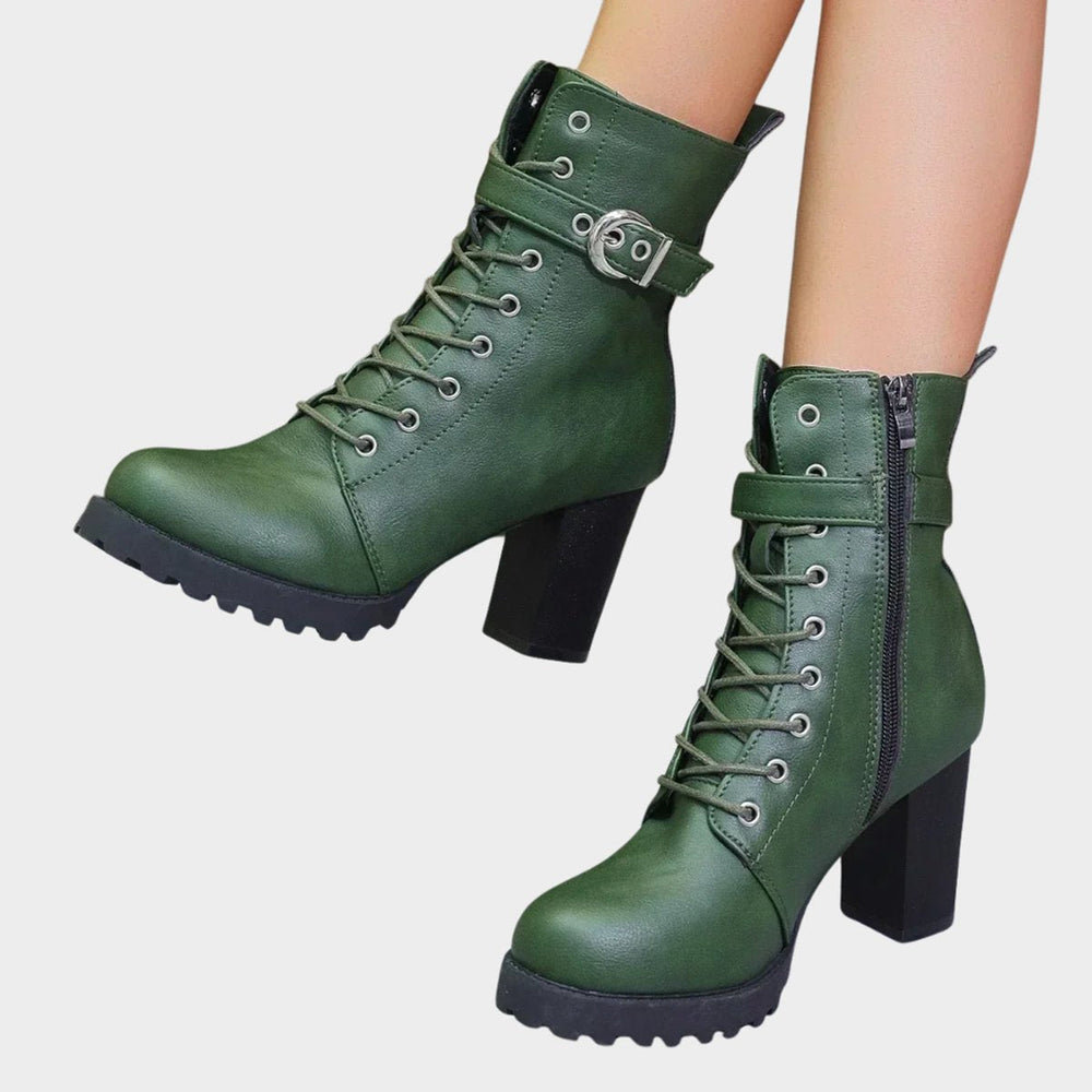 Women's Orthopedic Lace-Up Block Heel Combat Ankle Boots with Buckle Strap 1
