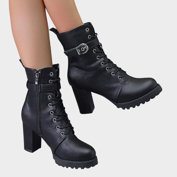 Women's Orthopedic Lace-Up Block Heel Combat Ankle Boots with Buckle Strap 3