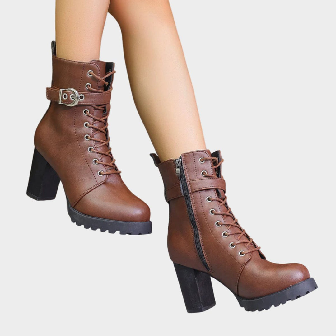 Women's Orthopedic Lace-Up Block Heel Combat Ankle Boots with Buckle Strap 6