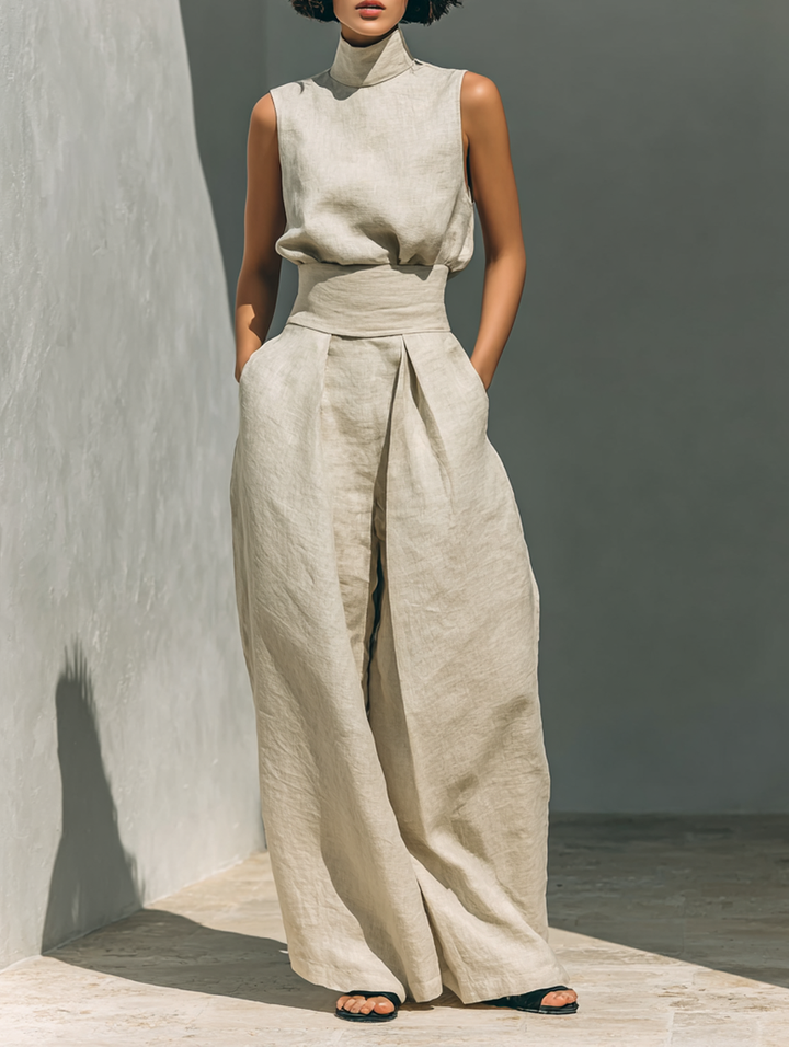 Women's Outfit: Sleeveless Blouse and Wide-Leg Pants Set for Casual Summer Style 0