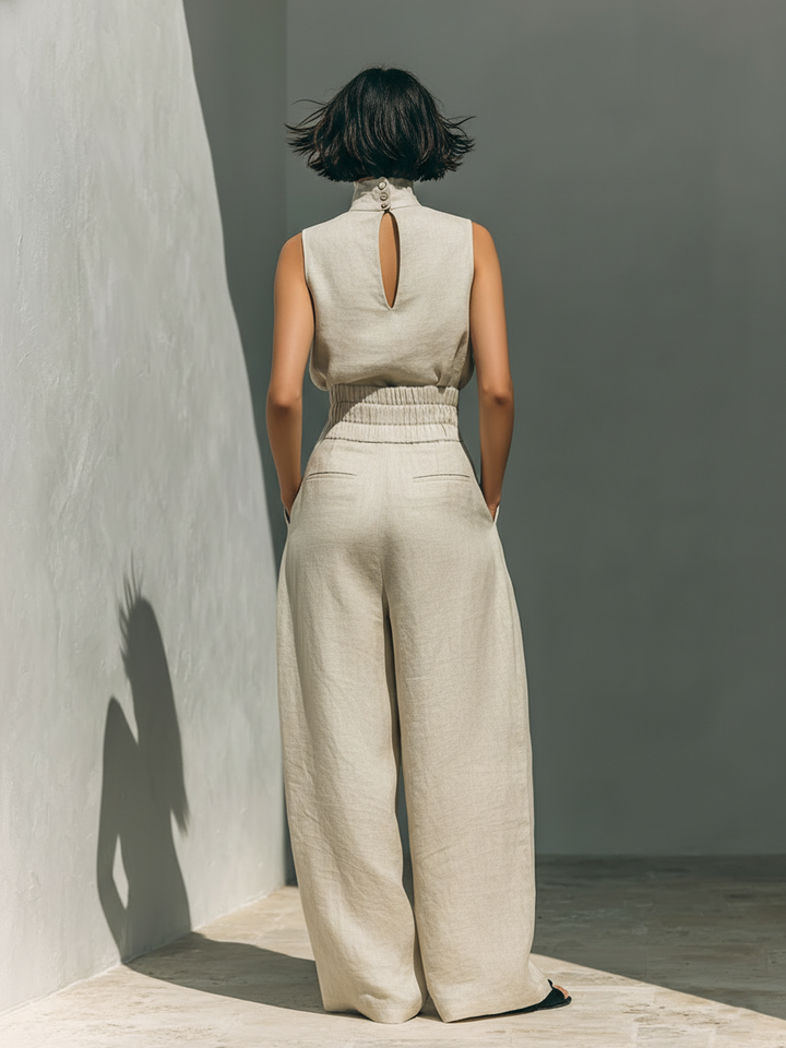 Women's Outfit: Sleeveless Blouse and Wide-Leg Pants Set for Casual Summer Style 1