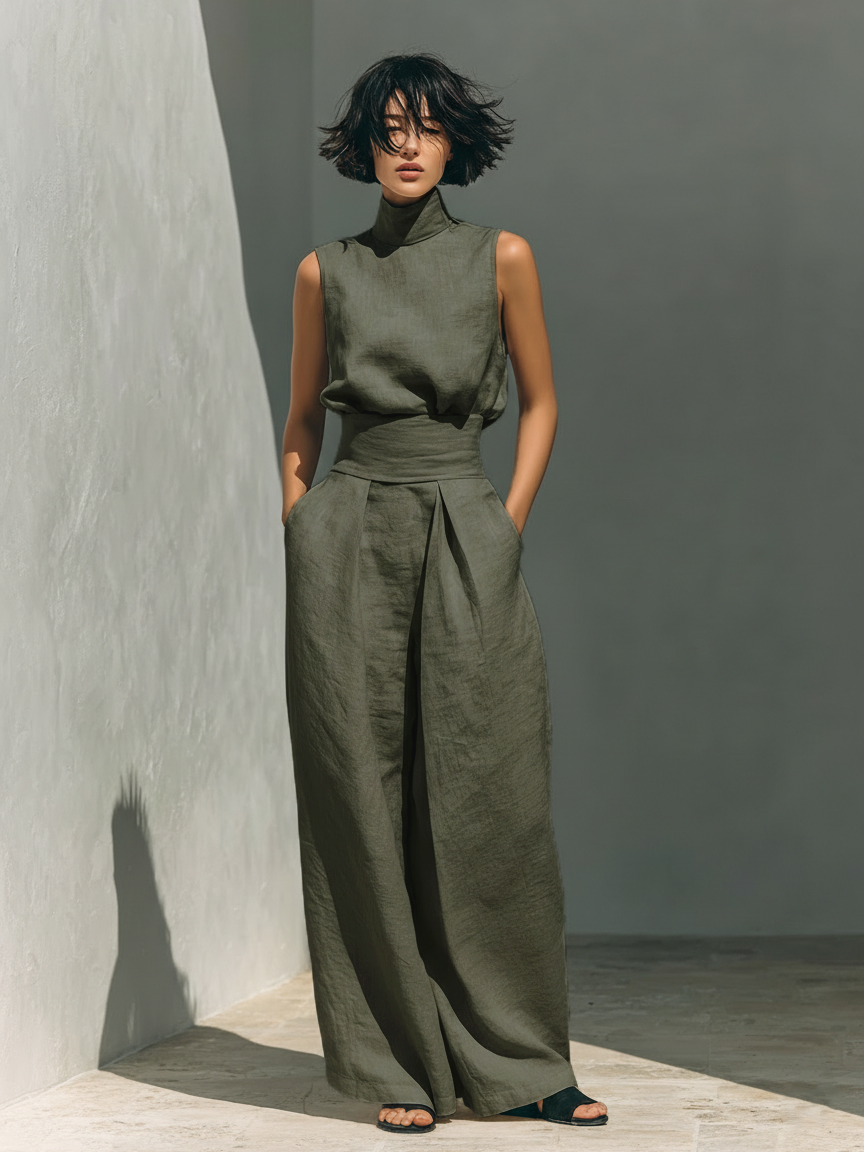 Women's Outfit: Sleeveless Blouse and Wide-Leg Pants Set for Casual Summer Style 2