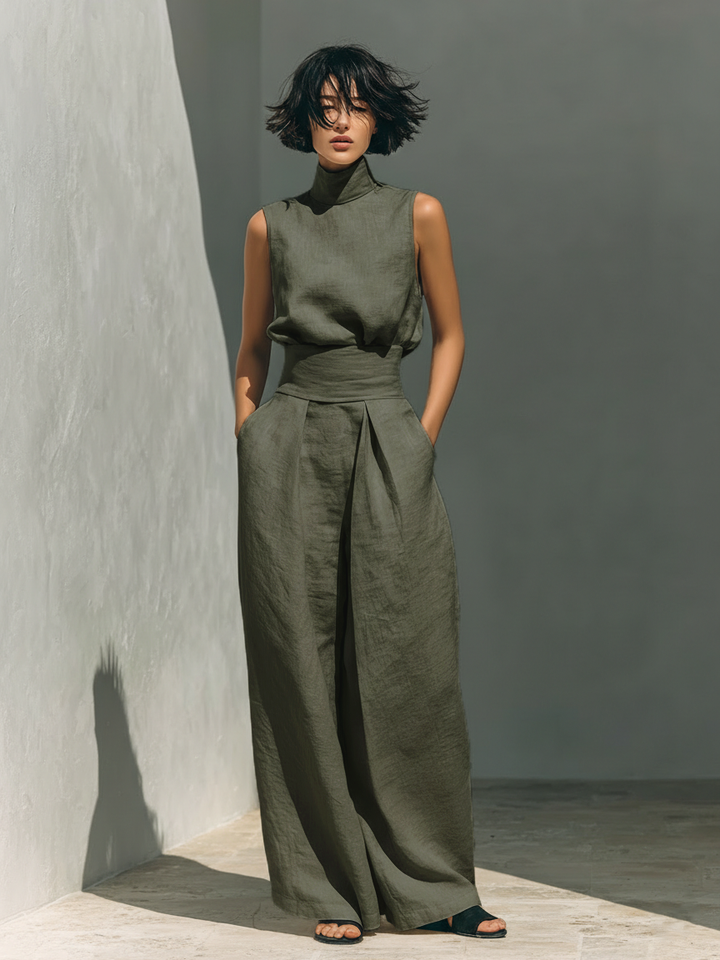 Women's Outfit: Sleeveless Blouse and Wide-Leg Pants Set for Casual Summer Style 2