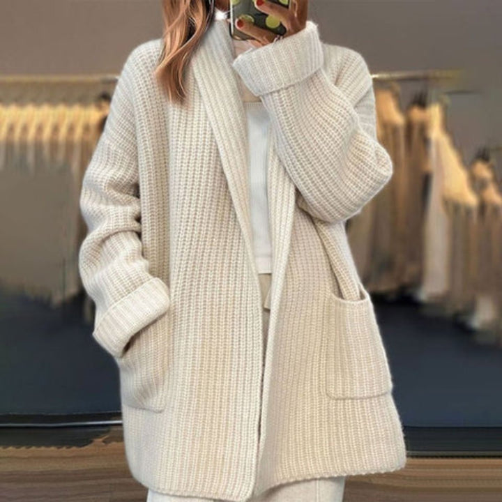 Women's Oversized Open-Front Knit Cardigan with Scarf Collar for Fall and Winter 0