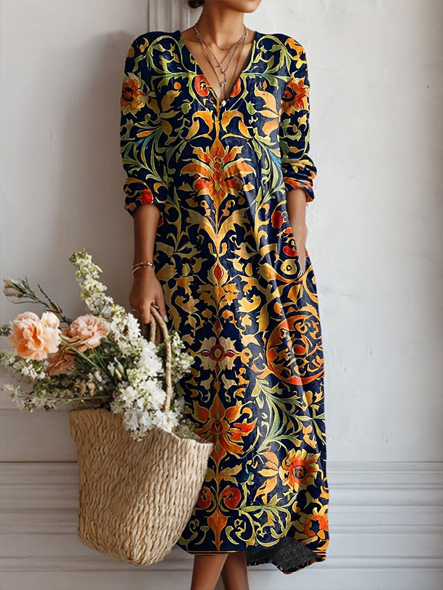 Women's Summer Dress - Navy Boho V-Neck Midi Dress with Unique Baroque Scroll Print for Casual Outings 0