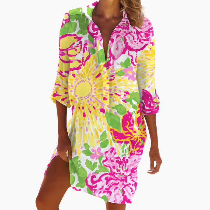 Women's Summer Dress, Long Sleeve Shirt Dress with Button Placket, Knee-Length Casual Dress for Warm Weather 0