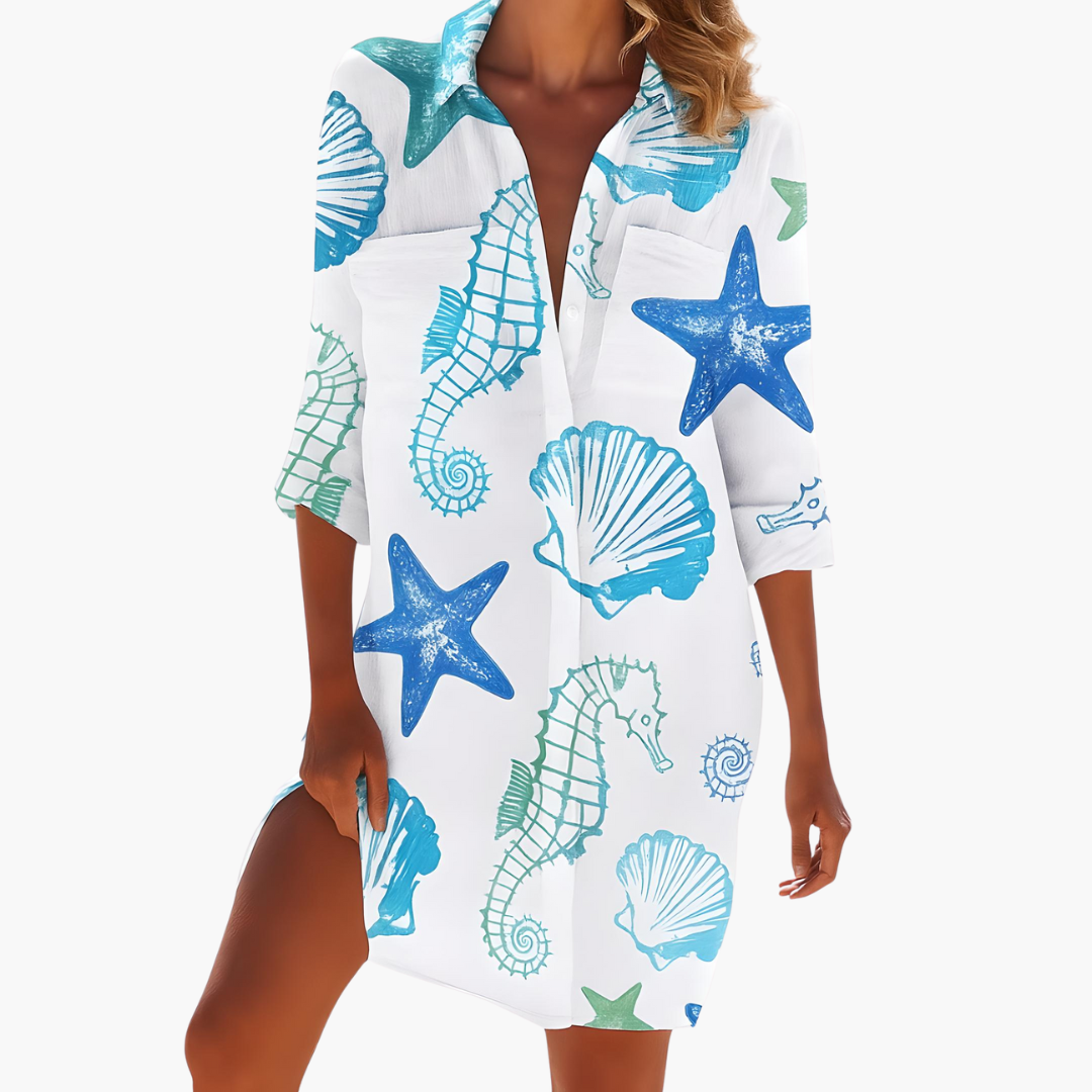 Women's Summer Dress, Long Sleeve Shirt Dress with Button Placket, Knee-Length Casual Dress for Warm Weather 1