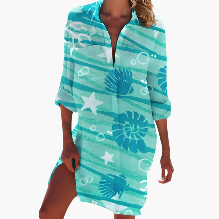 Women's Summer Dress, Long Sleeve Shirt Dress with Button Placket, Knee-Length Casual Dress for Warm Weather 2