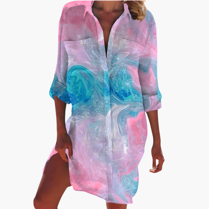 Women's Summer Dress, Long Sleeve Shirt Dress with Button Placket, Knee-Length Casual Dress for Warm Weather 3