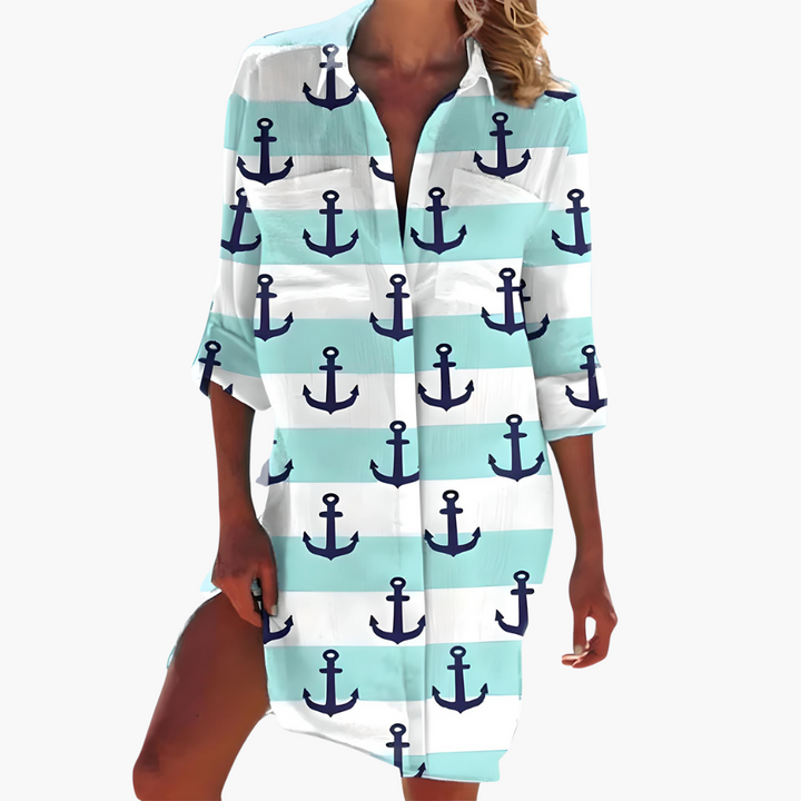 Women's Summer Dress, Long Sleeve Shirt Dress with Button Placket, Knee-Length Casual Dress for Warm Weather 4