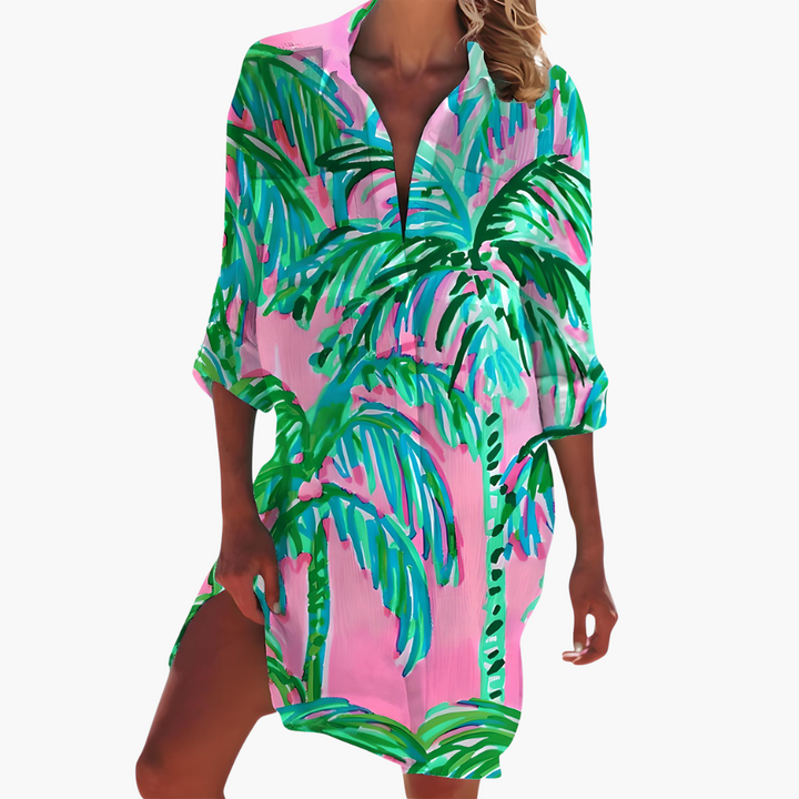 Women's Summer Dress, Long Sleeve Shirt Dress with Button Placket, Knee-Length Casual Dress for Warm Weather 5