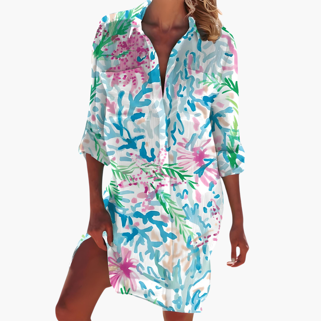 Women's Summer Dress, Long Sleeve Shirt Dress with Button Placket, Knee-Length Casual Dress for Warm Weather 6