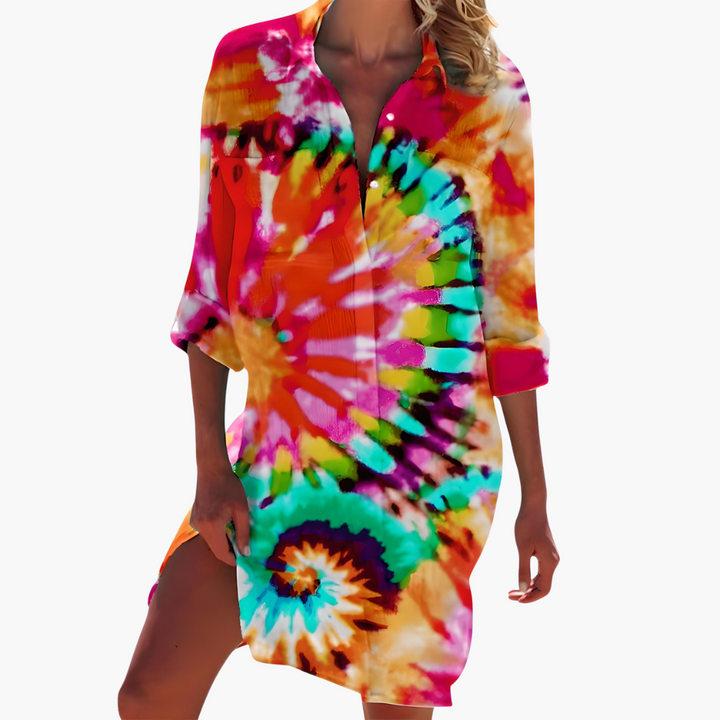 Women's Summer Dress, Long Sleeve Shirt Dress with Button Placket, Knee-Length Casual Dress for Warm Weather 7