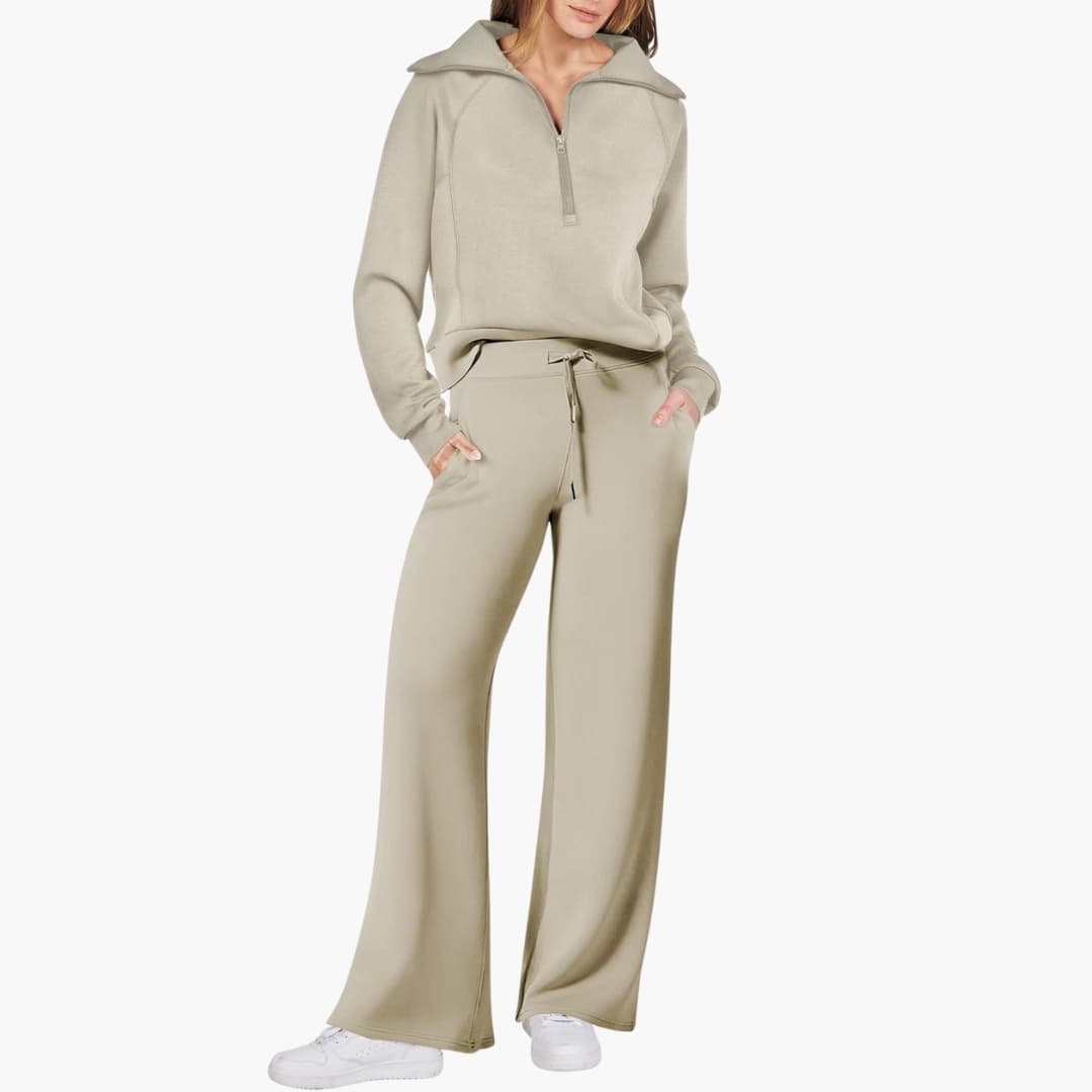 Women's Summer Lounge Set with Half Zip Sweater and Wide Leg Pants 11