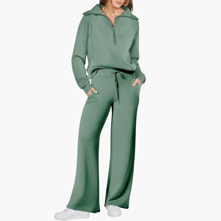 Women's Summer Lounge Set with Half Zip Sweater and Wide Leg Pants 12
