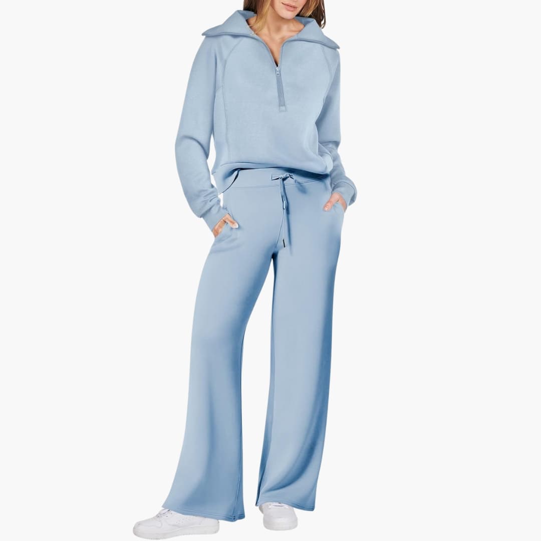 Women's Summer Lounge Set with Half Zip Sweater and Wide Leg Pants 14