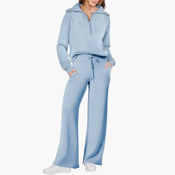 Women's Summer Lounge Set with Half Zip Sweater and Wide Leg Pants 14