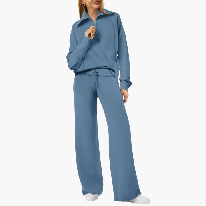 Women's Summer Lounge Set with Half Zip Sweater and Wide Leg Pants 16