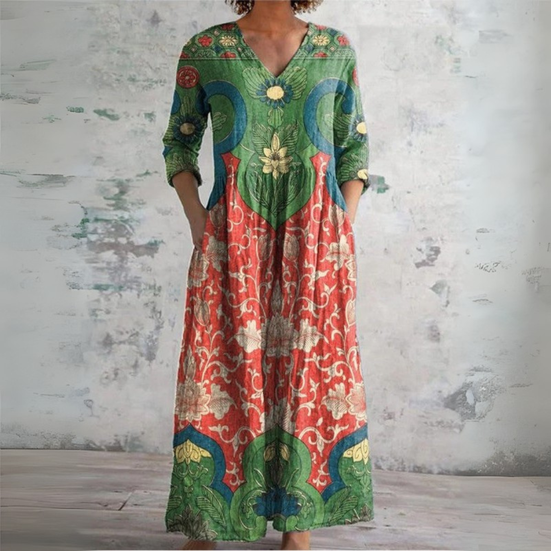Women's Summer Maxi Dress - Green Boho Floral V-Neck Dress for Stylish Warm Weather Outings 0