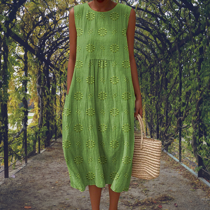 Women's Summer Midi Dress, Sleeveless White Dress with Textured Dot Pattern for Warm Weather 0