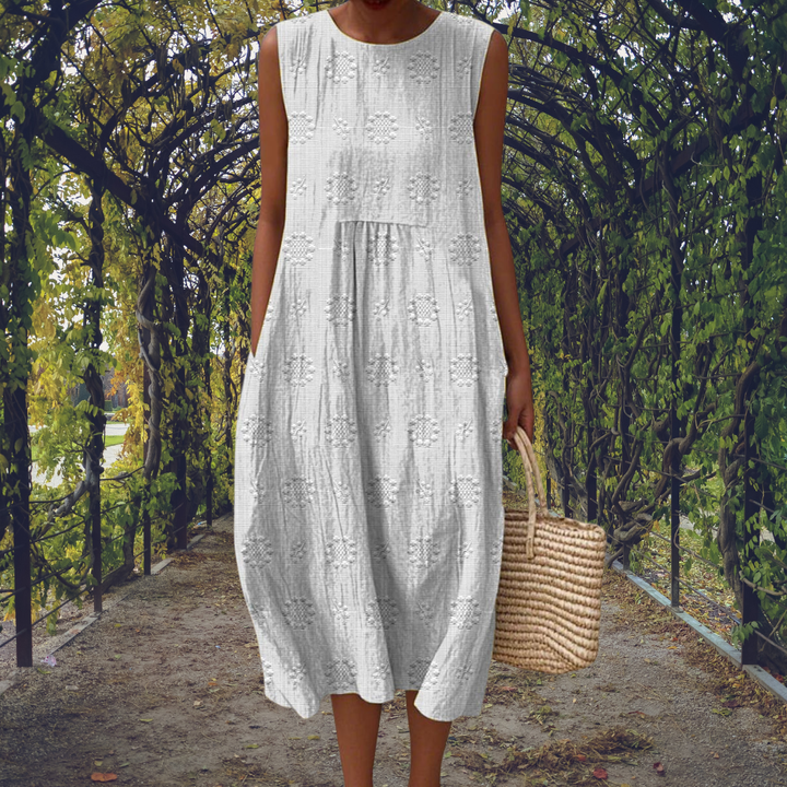 Women's Summer Midi Dress, Sleeveless White Dress with Textured Dot Pattern for Warm Weather 3