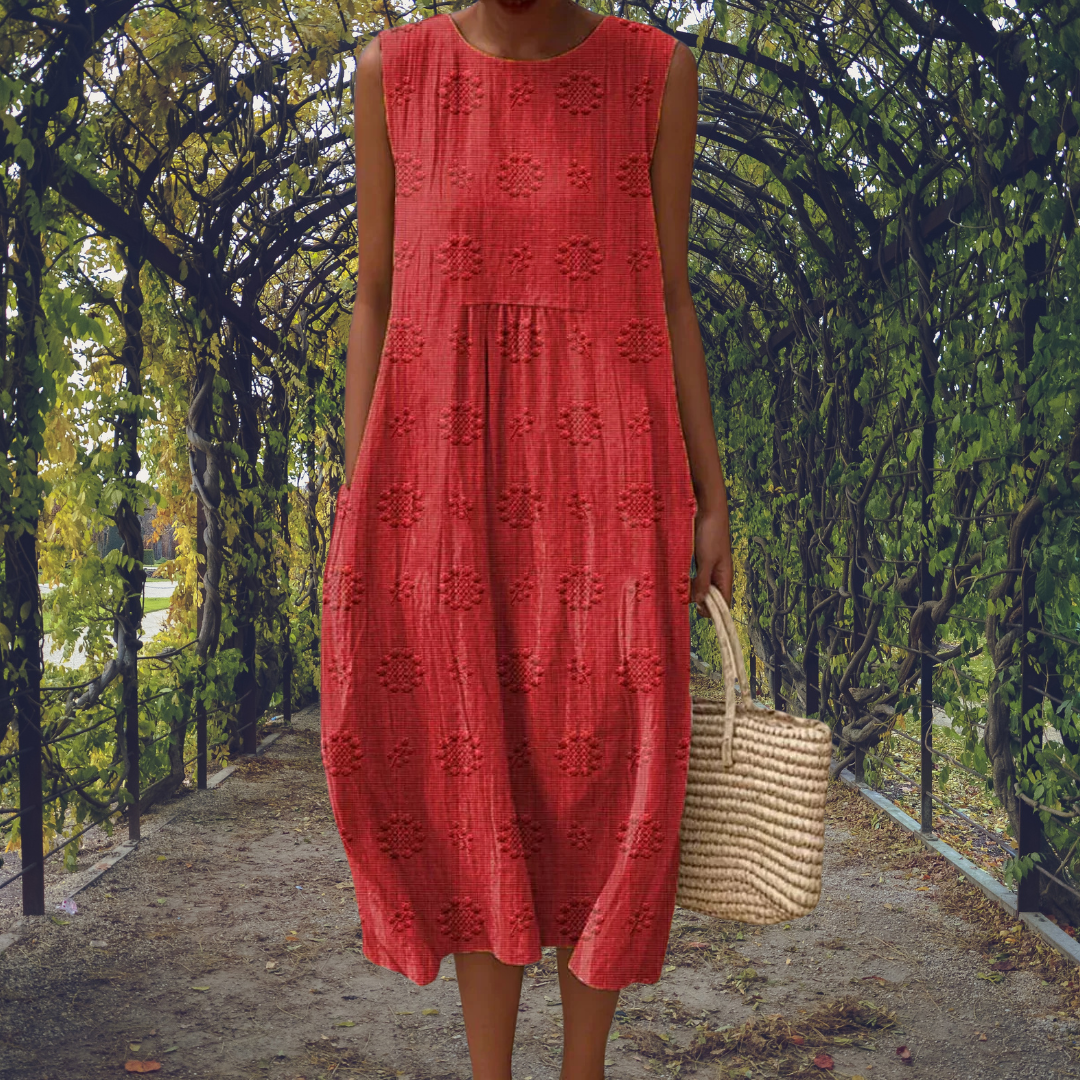 Women's Summer Midi Dress, Sleeveless White Dress with Textured Dot Pattern for Warm Weather 4