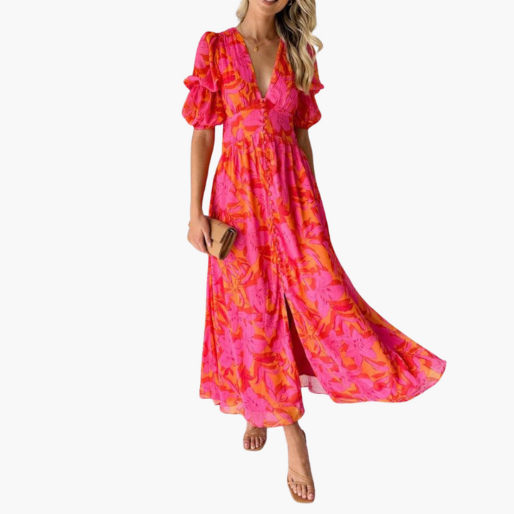 Women's V-Neck Puff Sleeve Maxi Dress - Elegant Summer Formal Dress for Any Occasion 0