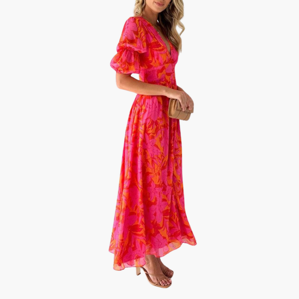 Women's V-Neck Puff Sleeve Maxi Dress - Elegant Summer Formal Dress for Any Occasion 1