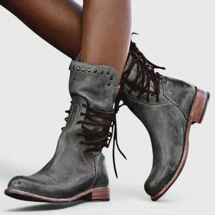 Women's Vintage Lace-Up Studded Knee High Boots with Block Heel 1